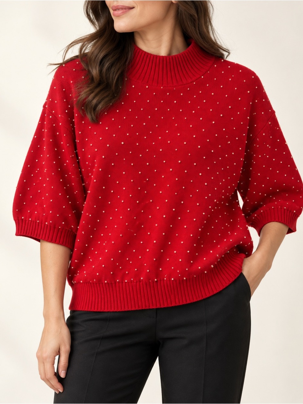 Lauren Jeffries Red Pearl-Beaded Cotton Mock Neck Sweater • Large